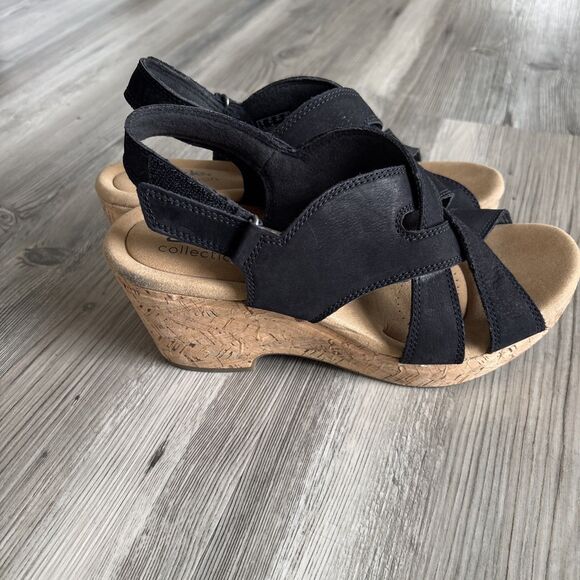 Clarks Women's Collection Wedges Black Sandals US Size 8.5 Comfort - Picture 2 of 10